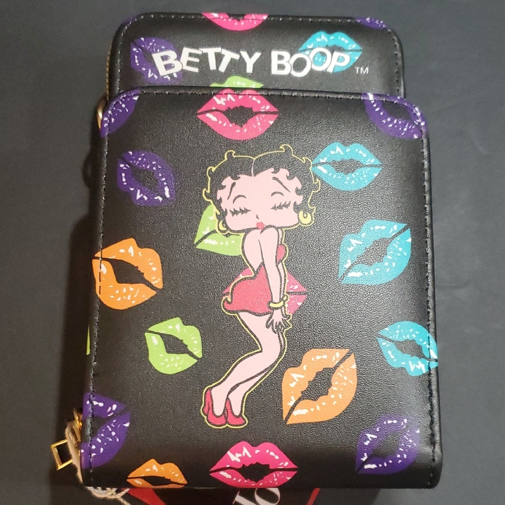 Betty Boop multicolored lips 3 compartment black wallet on a chain crossbody bag